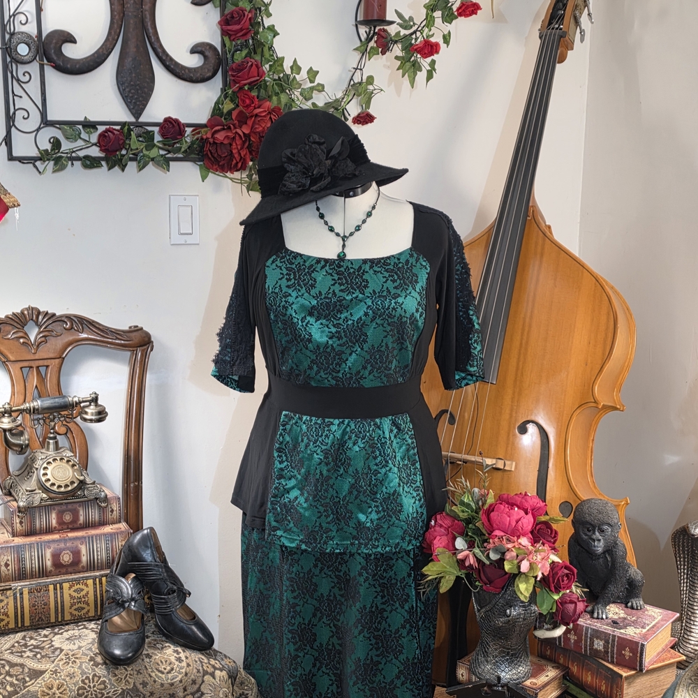 Teal and Black Lace Overlay Dress with Jacket